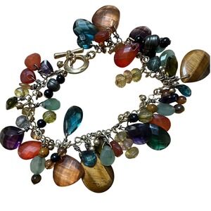 Ralph Lauren Charm Bracelet Multicolor Gold Tone Toggle RL Monogram Mixed Stones